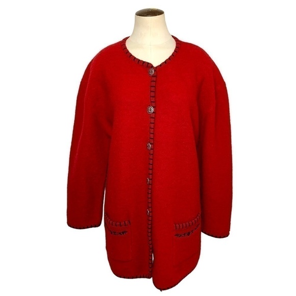 Vintage Boiled Wool Cardigan Jacket Sz 1X Knit Red Black Embroidered Classic - Picture 1 of 10